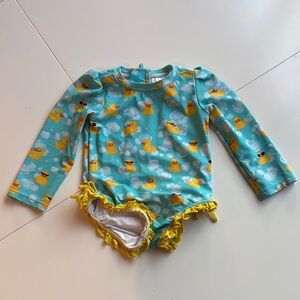 Posh Peanut Blue and Yellow Ducks Long sleeve Swimsuit - 2T
